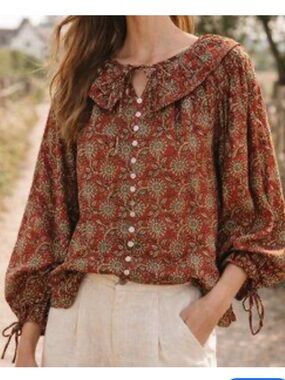 Clara The Label Red Floral Statement Puff Sleeve Blouse Cottagecore Size Small